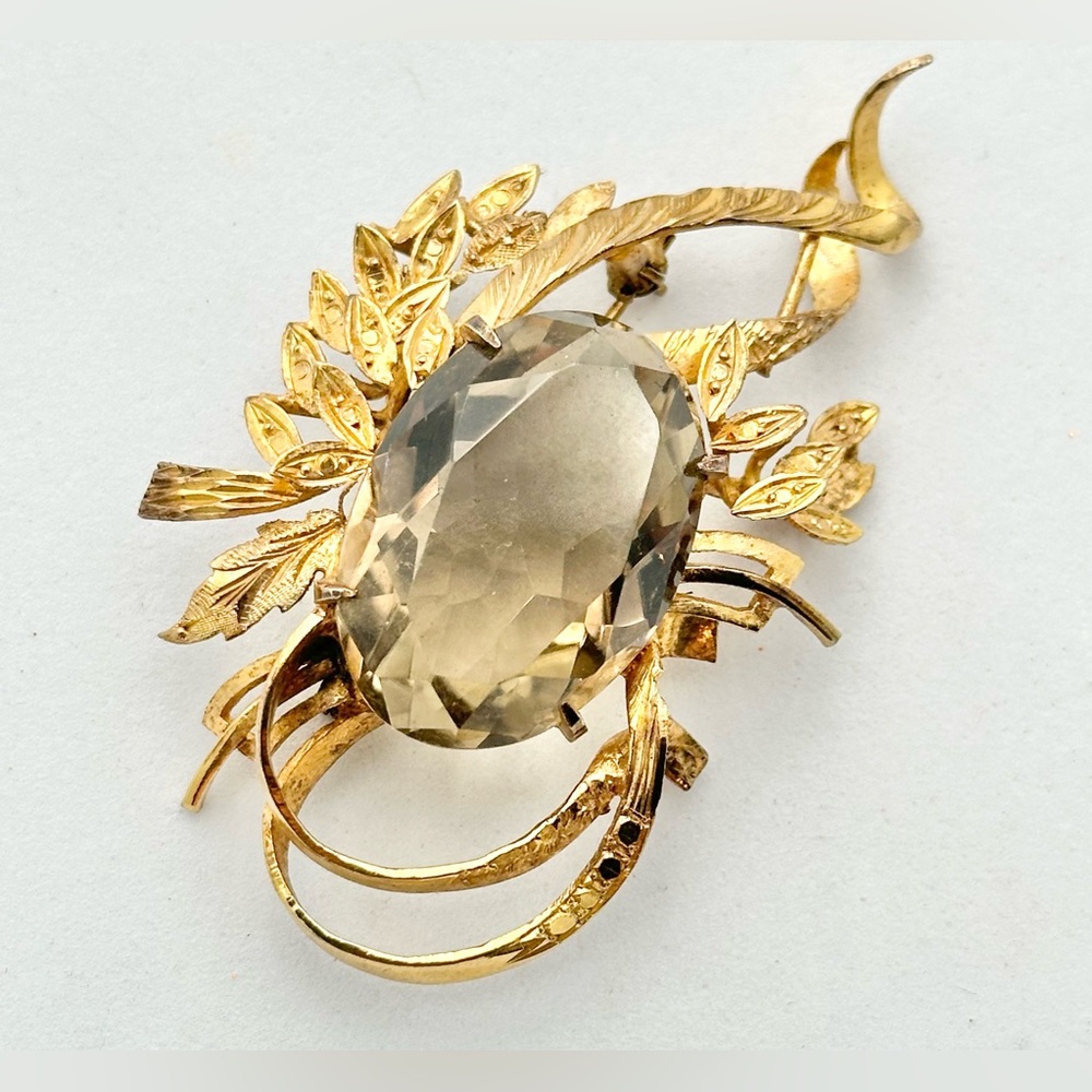 Smoky Quartz Gold Tone Over Silver Brooch Pin Leaves Fall Autumn Vintage